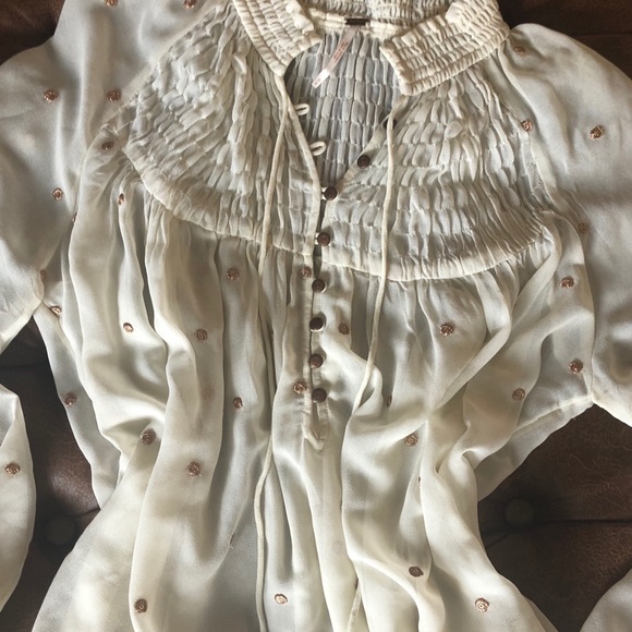 Free People Boho Ivory Gold Embroider Dot Blouse M - Picture 4 of 9